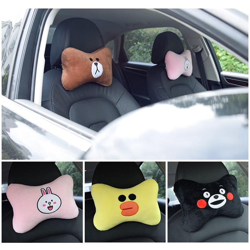 2pcs/Set Cute Car Pillow Universal Cartoon Car Headrest Neck Pillow PP Cotton Soft Pad Women Girls Kids Car Accessories New