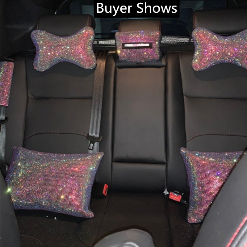 Car Bling Accessories for Woman Interior Set Styling Rhinestone Headrest Pillows Back Support Seat Cushion Pain Relief Sparkly
