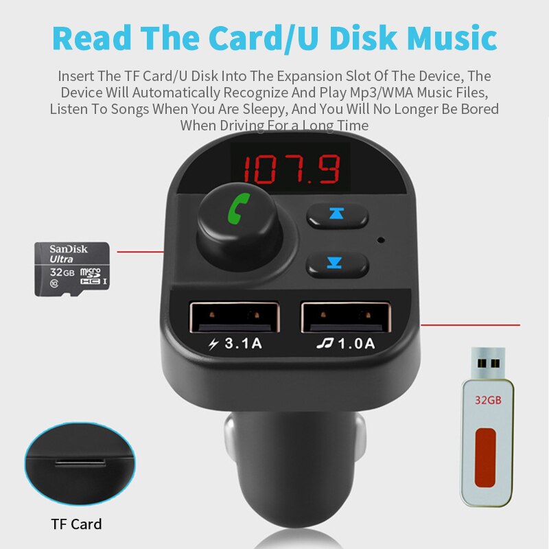 Car Bluetooth 5.0 Car Kit 2USB Fast Charger 3.1A MP3 Music Player FM Transmitter Wireless Handsfree Audio Receiver FM Modulator