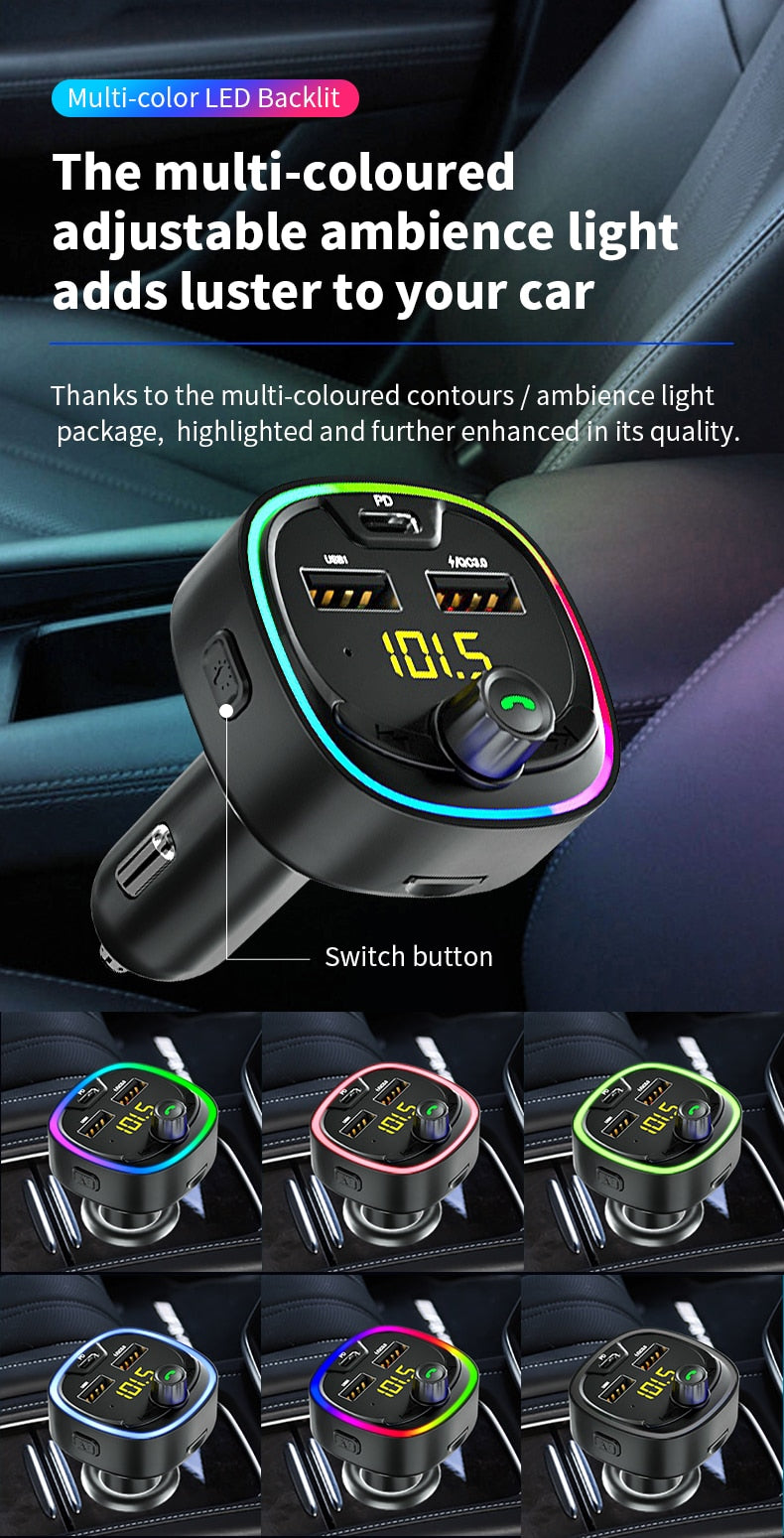 Car Bluetooth 5.0 Car Kit 2USB QC3.0 +PD Quick Charger 3.1A MP3 Music Player Wireless Handsfree Audio Receiver FM Transmitter