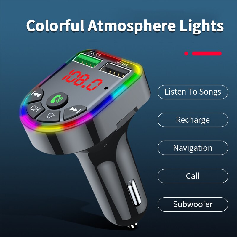 Car Bluetooth 5.0 FM Transmitter Car Kit Dual USB Fast Charger 3.1A MP3 Player Wireless Handsfree Audio Receiver Colorful Light