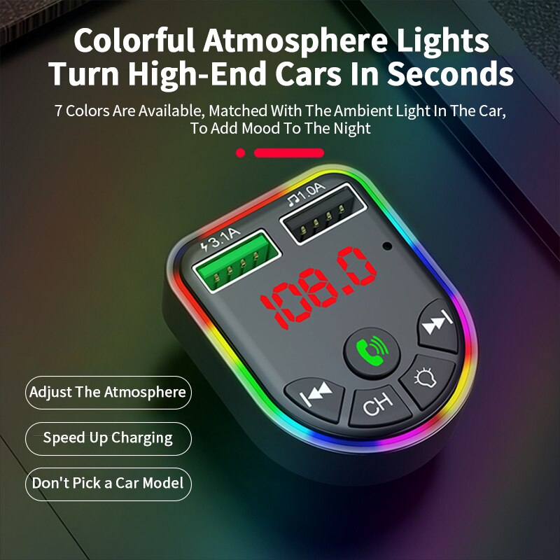 Car Bluetooth 5.0 FM Transmitter Car Kit Dual USB Fast Charger 3.1A MP3 Player Wireless Handsfree Audio Receiver Colorful Light