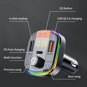 Car Bluetooth 5.0 Fm Transmitter Handsfree Car Kit MP3 Player Adapter FM Modulator Dual USB QC3.0+PD Fast Charge U disk/TF Card