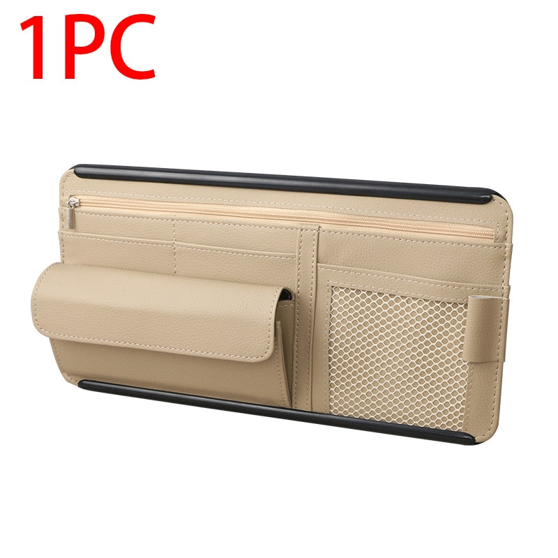 Car Sun Visor Storage Bag Interior Auto Sunshade Plate Organizer Universal Cards Sunglasses Pen Support Leather Pocket Accessory