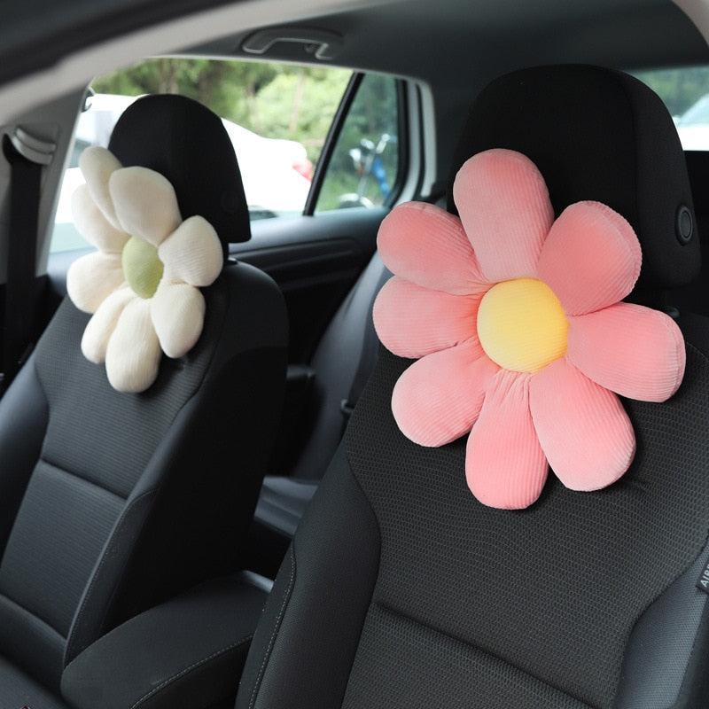 Car plush headrest creative sun flower car neck pillow back pillow lumbar head support cushion women's car interior accessories