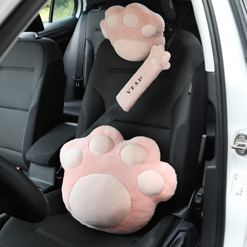 Car plush headrest cute cat claw neck pillow cushion fashionable automobile women's decorative seatbelt protect lumbar covers